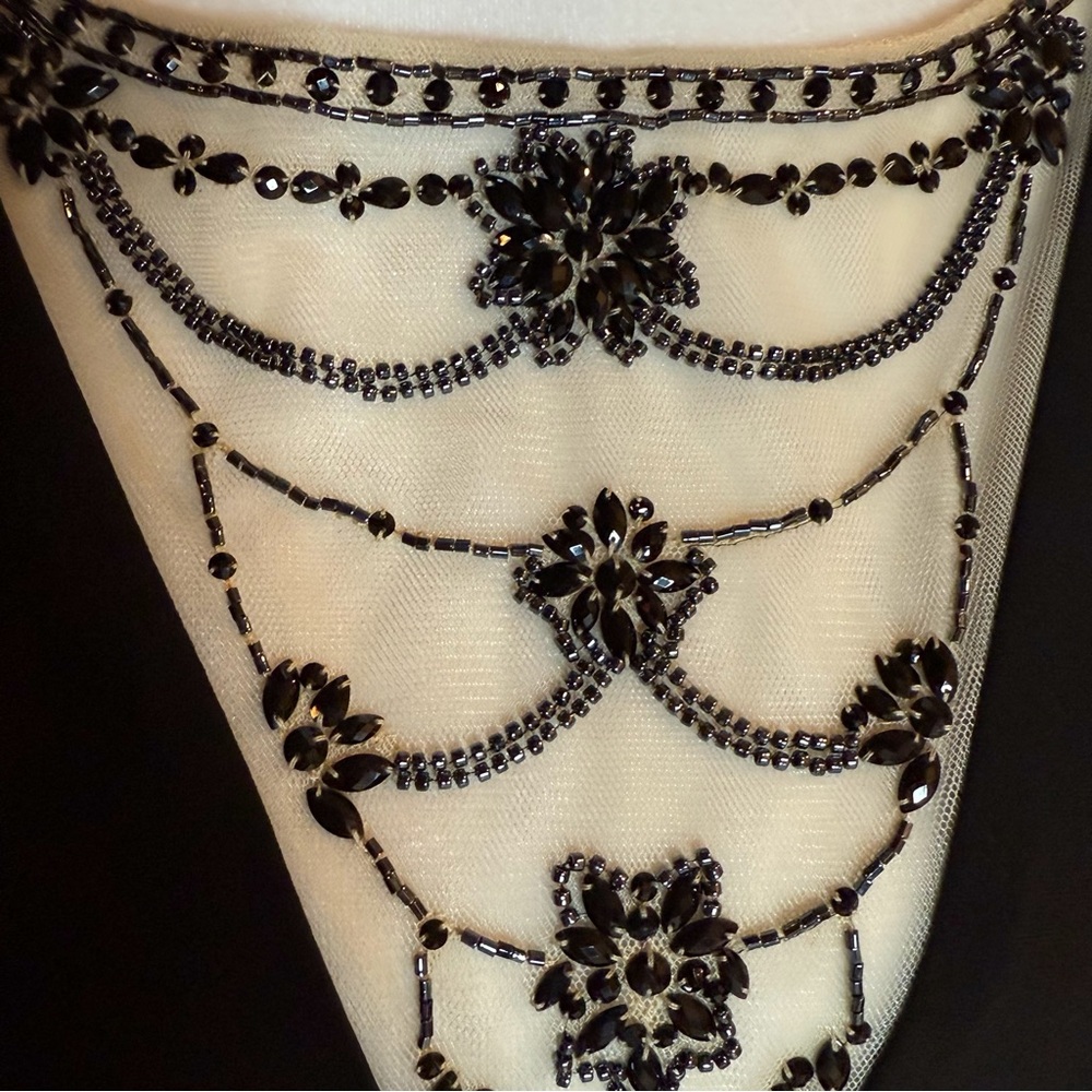 Adrianna Papell Black Beaded Illusion Neckline Evening Gown Black Tie Dress - Picture 4 of 13